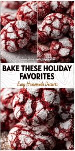 Close-up of red velvet crinkle cookies dusted with powdered sugar on a festive holiday tray.